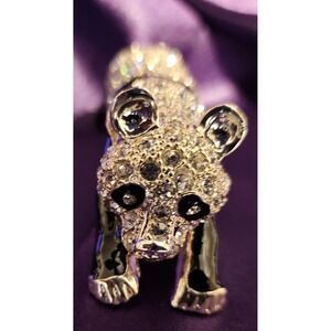 Panda Bear Large Brooch Silver Tone Black Enamel Clear Crystal Pavé Animal